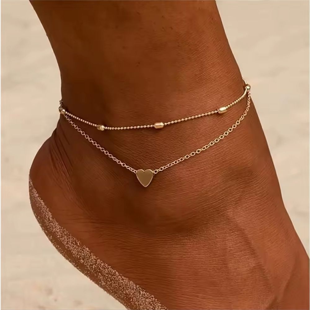 New 18k Gold Ss  Double Anklet / Bracelet Cable & Ball Chain Heart Charm Detail